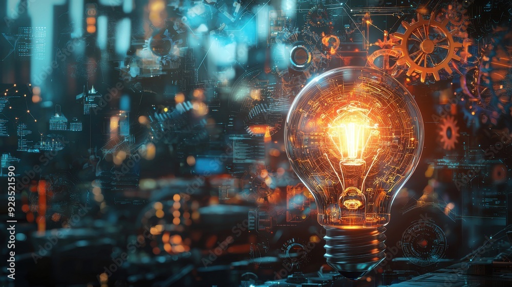 A bright idea visualized through a glowing lightbulb, surrounded by floating gears and holographic diagrams, symbolizing creativity, innovation, and the spark of inspiration, with a futuristic A bright idea visualized through a glowing lightbulb, surrounded by floating gears and holographic diagrams, symbolizing creativity, innovation, and the spark of inspiration, with a futuristic