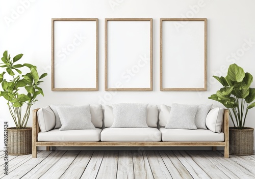 The mock up shows two metal vertical frames on the wall of a Scandinavian type living room. This is a 3D rendering.