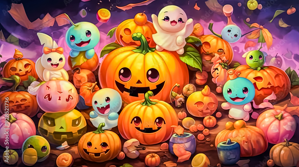 A group of cartoon characters are gathered around a large orange pumpkin. The scene is playful and whimsical, with the characters appearing to be enjoying themselves A group of cartoon characters are gathered around a large orange pumpkin. The scene is playful and whimsical, with the characters appearing to be enjoying themselves
