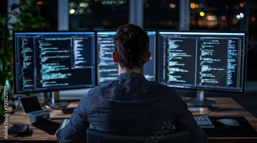 A programmer sitting in front of multiple monitors, analyzing code while AI algorithms run in the background, optimizing and suggesting improvements, highlighting the synergy between human