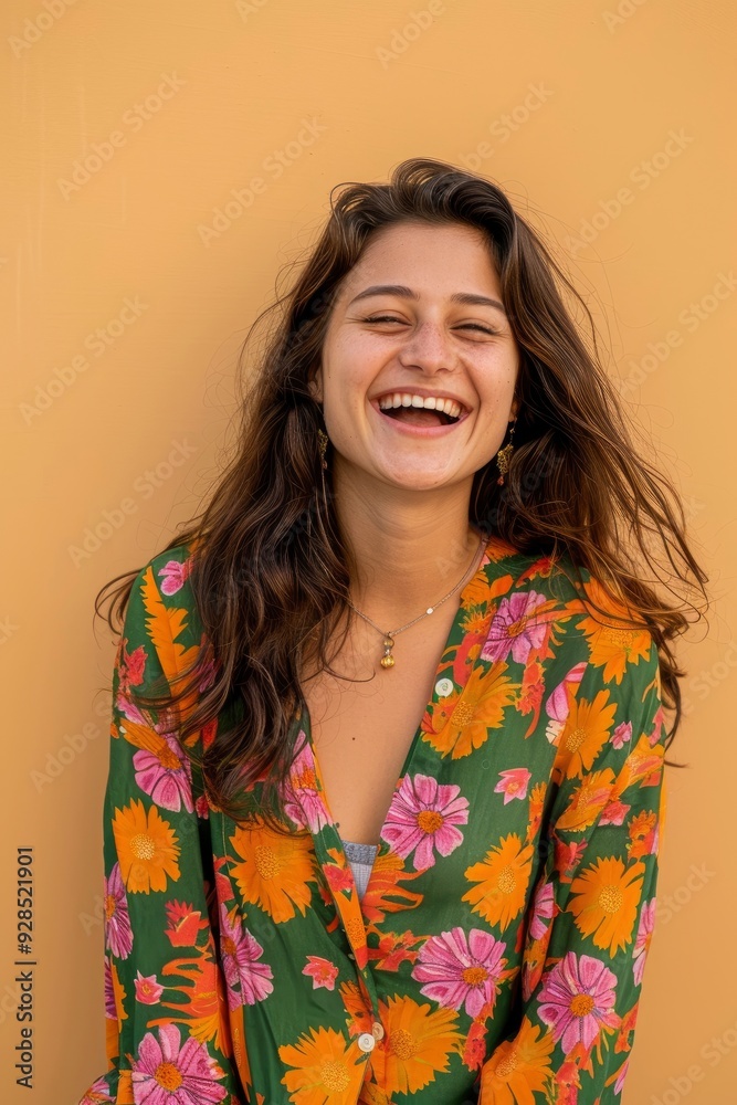 A Young Indian Woman Against A Beige Wall, Laughing Heartily A Young Indian Woman Against A Beige Wall, Laughing Heartily