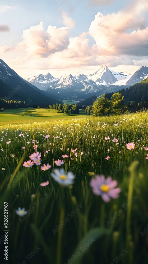 Fototapeta premium The endless meadows, distant mountains, and expansive sky emphasize the profound sense of human integration with nature.