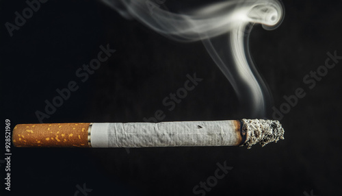 Cigarette with ash and smoke on dark background. World No Smoking Day.