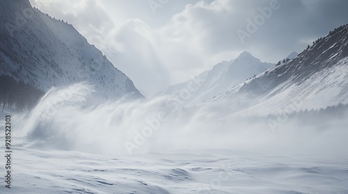 A dramatic snowy mountain landscape with snow swirling in the wind.