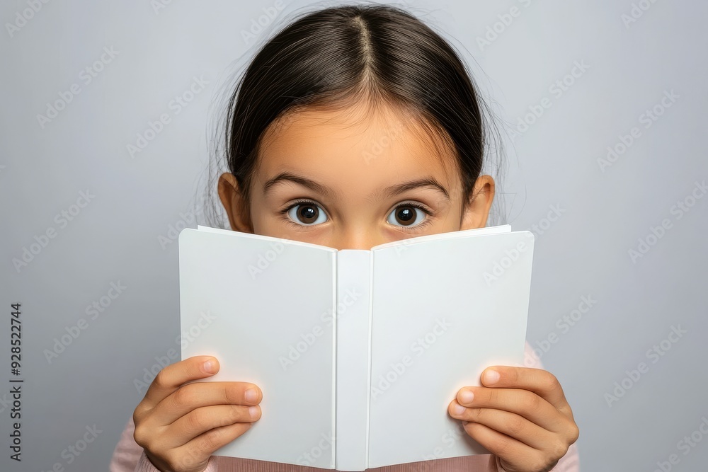 Editable mockup template of a girl holding a children's storybook with a blank cover Editable mockup template of a girl holding a children's storybook with a blank cover