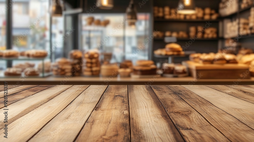 Wooden board empty table background. abstract blurred bakery shop background. Generative ai Wooden board empty table background. abstract blurred bakery shop background. Generative ai