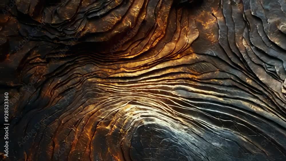 A striking abstract art piece resembling topographic maps with intricate textures and metallic hues. The layered patterns create a mesmerizing effect, enhanced by light reflections. The mood is