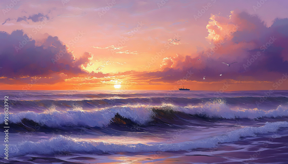 Obraz premium calming seascape with gentle waves rolling toward the shore at sunset. The sky is filled with warm hues of orange, pink, and purple, reflecting on the surface of the water
