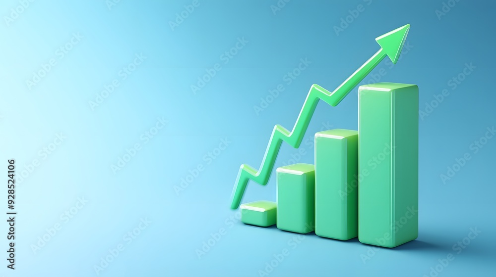 Green bar chart with a rising arrow on a blue background, symbolizing growth, success, and positive business trends. Green bar chart with a rising arrow on a blue background, symbolizing growth, success, and positive business trends.