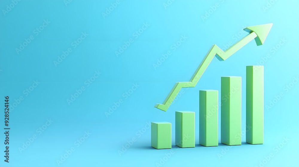 Green bar chart with an upward arrow against blue background symbolizing growth, success, and positive trend. Green bar chart with an upward arrow against blue background symbolizing growth, success, and positive trend.