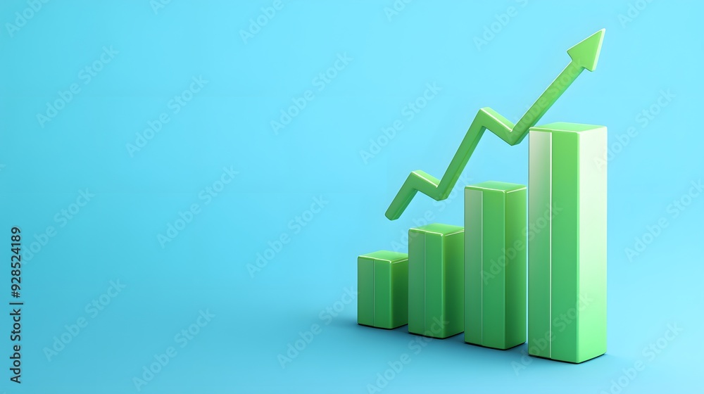 Green bar chart with an upward arrow on a blue background, representing growth, success, and positive business trends. Green bar chart with an upward arrow on a blue background, representing growth, success, and positive business trends.