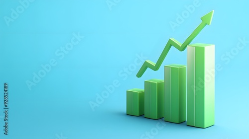 Green bar chart with an upward arrow on a blue background, representing growth, success, and positive business trends.