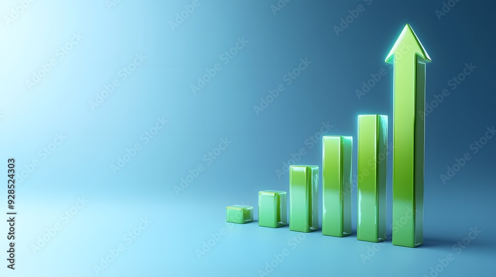 Green bar chart with an upward arrow on a blue background representing business growth, success, and financial increase. Green bar chart with an upward arrow on a blue background representing business growth, success, and financial increase.