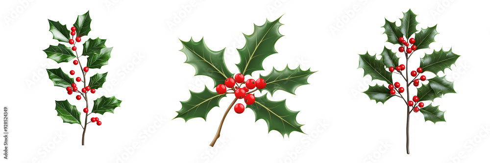 A holly branch with berries winter foliage 3D illustration traditional colors isolated on white and transparent background