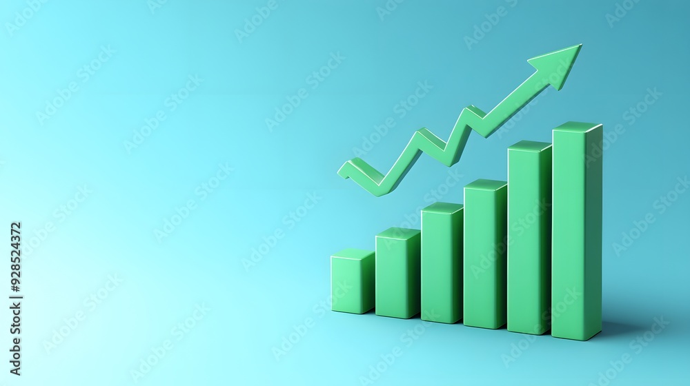 Green bar chart with an upward arrow on a blue background symbolizing growth and success in business and investment. Green bar chart with an upward arrow on a blue background symbolizing growth and success in business and investment.