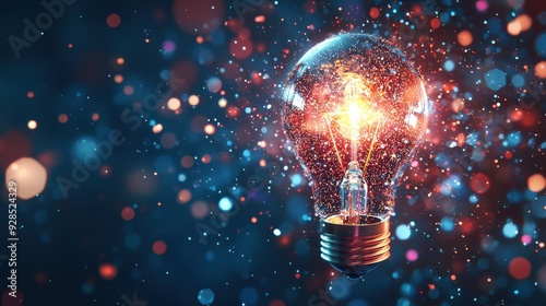 A creative concept visualized through a glowing lightbulb, surrounded by digital particles and holographic elements, symbolizing the power of innovation, imagination, and inspiration in driving