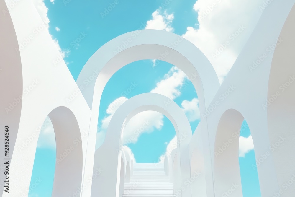 A large white arch product podium with a moon figurine against a cloudy blue sky is an example of stock photography A large white arch product podium with a moon figurine against a cloudy blue sky is an example of stock photography