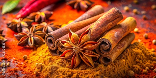 Vibrant colorful background showcases aromatic cinnamon sticks, fragrant cinnamon powder, and decorative anise stars, evoking warmth, comfort, and inviting holiday aromas and flavors. photo