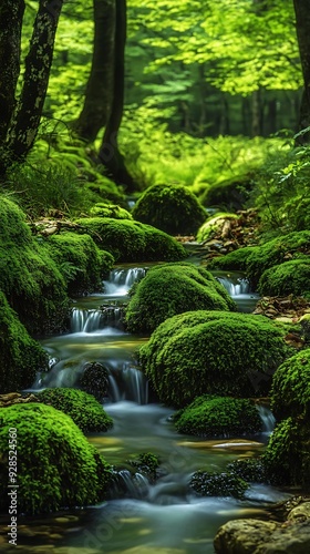 green mossy rocks with flowing water