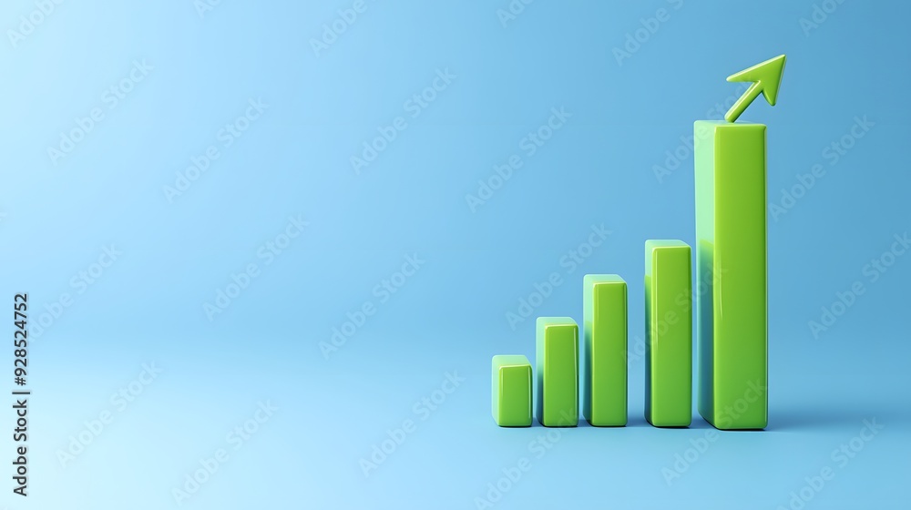 Green bar chart with ascending columns and an arrow pointing upward on a blue background, symbolizing business growth and success. Green bar chart with ascending columns and an arrow pointing upward on a blue background, symbolizing business growth and success.