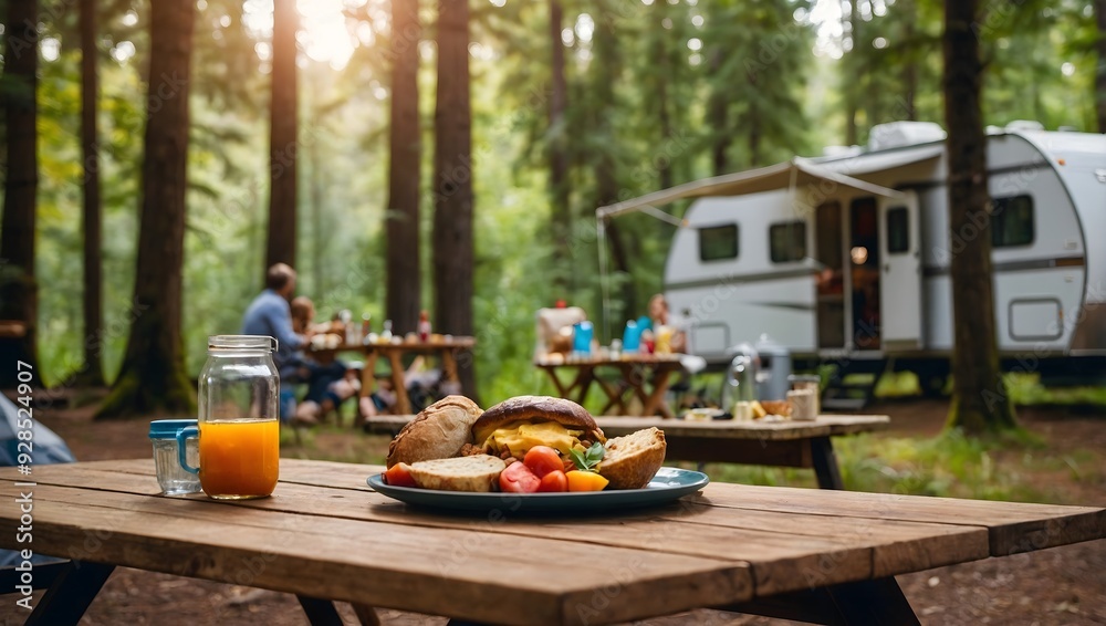 Fototapeta premium Camping picnic, food and drink on wooden table in front of travel trailer in forest nature.