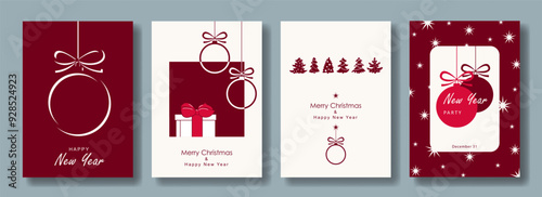 Vertical minimalist Christmas and New Year greeting card set with balls and trees of dark red and white colors. Vector template of modern minimal design with Merry Christmas and Happy New Year text.
