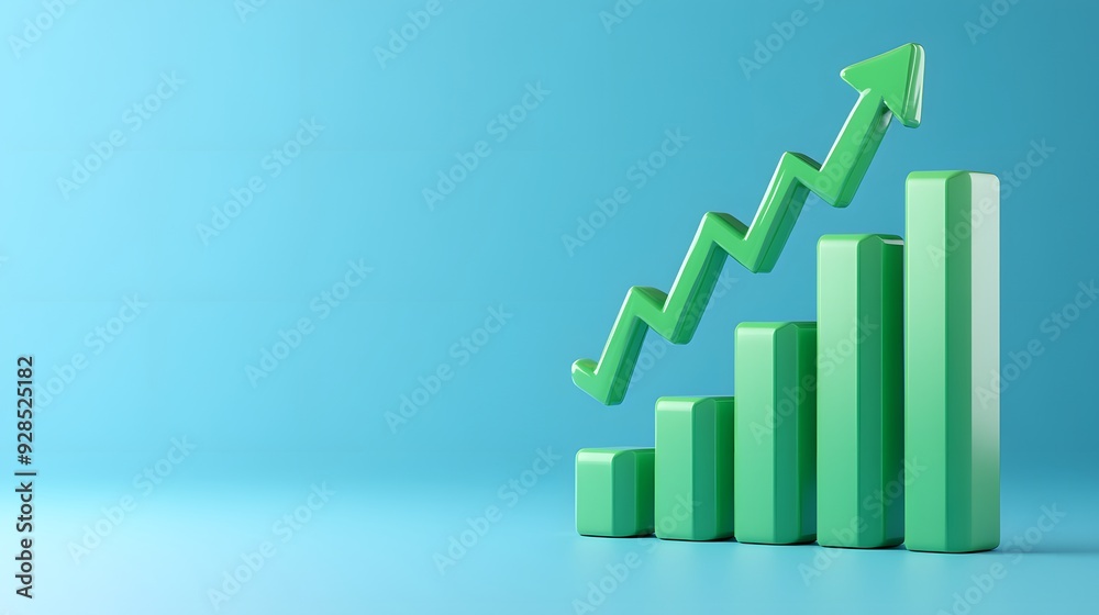 Green bar chart with upward arrow depicting growth and success on a blue background, ideal for business and financial presentations. Green bar chart with upward arrow depicting growth and success on a blue background, ideal for business and financial presentations.
