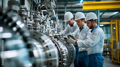 Three engineers in white coats working on a complex machine in a factory.