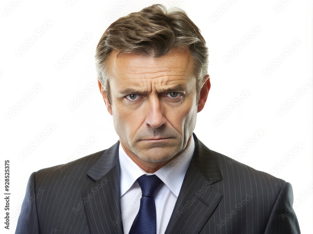 Concerned middle-aged businessman with a formal suit and worried expression looks directly at the camera, isolated on a plain white studio background. Concerned middle-aged businessman with a formal suit and worried expression looks directly at the camera, isolated on a plain white studio background.