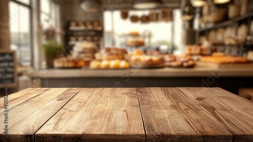 Wooden board empty table background. abstract blurred bakery shop background. Generative ai