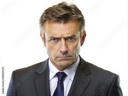 Concerned middle-aged businessman with a formal suit and worried expression looks directly at the camera, isolated on a plain white studio background.