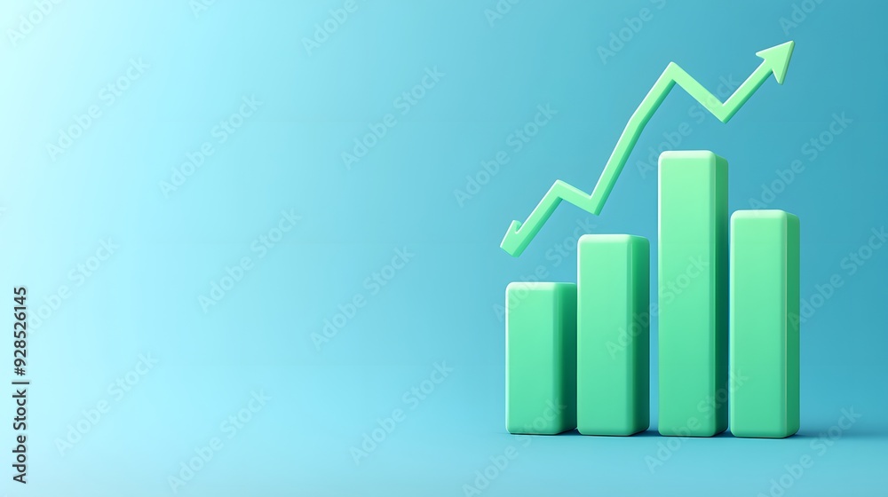 Green bar chart with upward arrow on blue background symbolizing financial growth, success, or positive business trend.