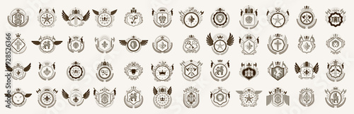 Classic style emblems big set, ancient heraldic symbols awards and labels collection, classical heraldry design elements, family or business emblems.