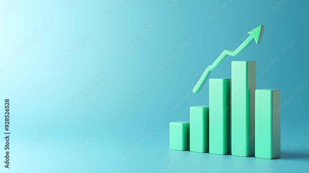 Green bar chart with upward arrow representing business growth and success on a blue background. Green bar chart with upward arrow representing business growth and success on a blue background.
