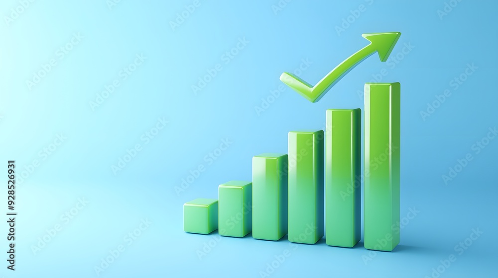 Green bar graph depicting business growth and an upward trend on a blue background, indicating positive financial performance. Green bar graph depicting business growth and an upward trend on a blue background, indicating positive financial performance.
