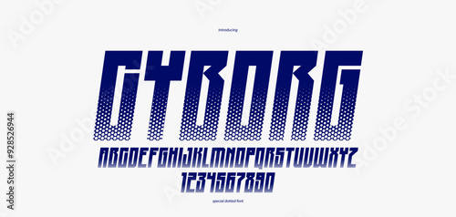 Halftone dotted futuristic cyberpunk font for logos and posters, vector brutal industrial typeface alphabet letters and numbers, urban technic future typography, italic version.