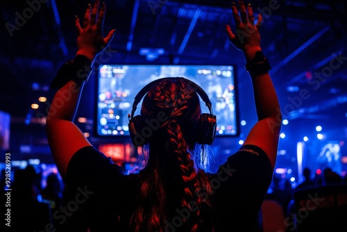 A young girl in headphones plays a video game on TV in the evening. A gamer with a joystick is playing online games with friends, participating in competitions, and winning. It's fun entertainment.