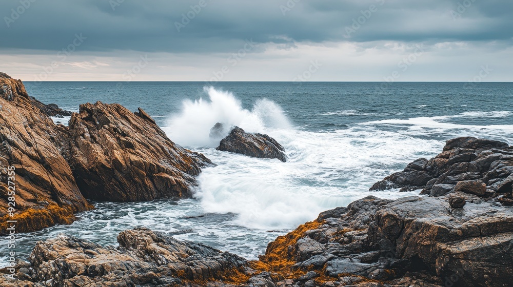 A dramatic coastal scene with waves crashing against rocky formations under a cloudy sky. A dramatic coastal scene with waves crashing against rocky formations under a cloudy sky.