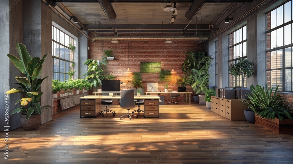 Open-plan office work room with collaborative workspaces and plants Realistic Octane Open-plan office work room with collaborative workspaces and plants Realistic Octane
