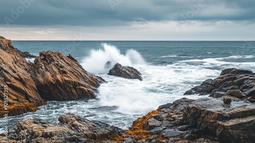 A dramatic coastal scene with waves crashing against rocky formations under a cloudy sky.