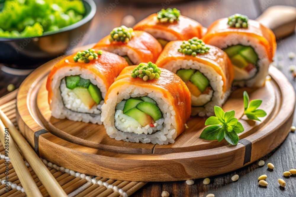Vibrant sushi rolls with fresh salmon, cucumber, and avocado on a modern wooden plate, garnished with sesame seeds and fresh green onions. Vibrant sushi rolls with fresh salmon, cucumber, and avocado on a modern wooden plate, garnished with sesame seeds and fresh green onions.