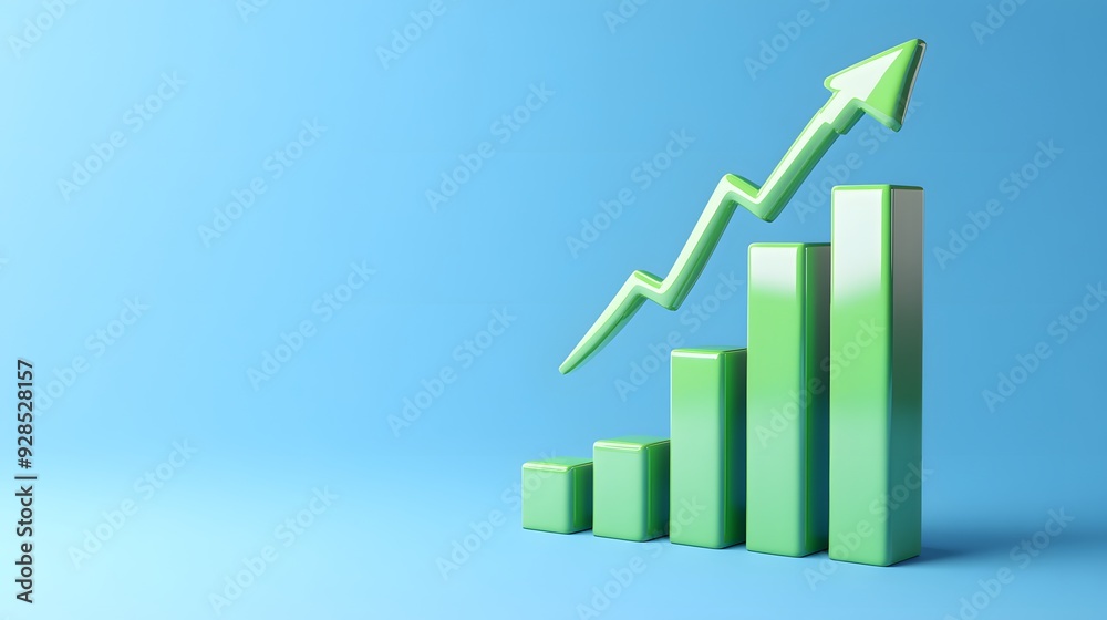 Green bar graph with an upward arrow on a blue background representing business growth and positive financial progress. Green bar graph with an upward arrow on a blue background representing business growth and positive financial progress.