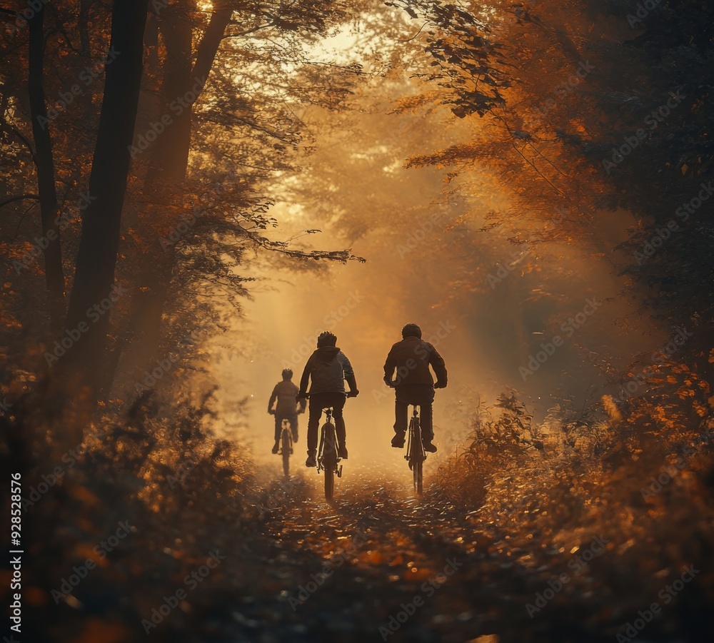 Dawn Adventure: A Family Cycling Through a Misty Forest at Sunrise, Embracing the Warmth of Nature's Light and the Spirit of Outdoor Exploration. Dawn Adventure: A Family Cycling Through a Misty Forest at Sunrise, Embracing the Warmth of Nature's Light and the Spirit of Outdoor Exploration.