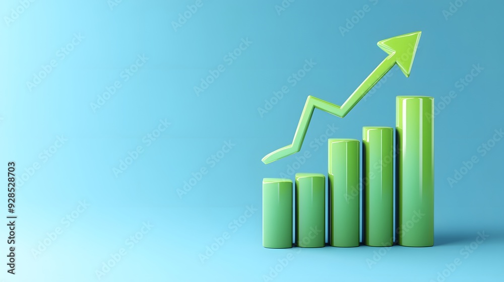 Green bar graph with an upward arrow on a blue background, symbolizing growth, progress, and positive business trends. Green bar graph with an upward arrow on a blue background, symbolizing growth, progress, and positive business trends.