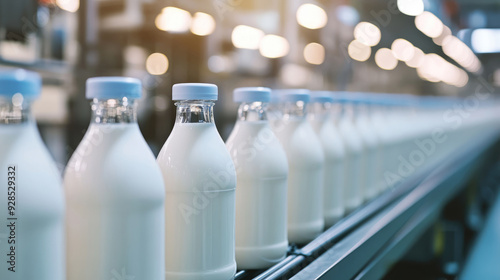 A photo of milk bottles on the production line at an industrial plant