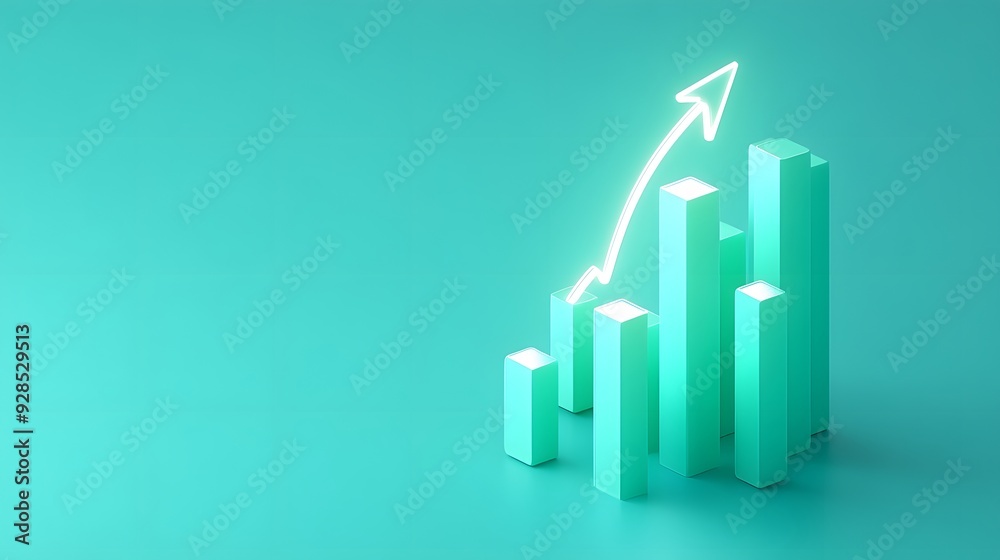Green bar graph with glowing upward arrow on teal background symbolizing growth and progress in business, finance or data analysis. Green bar graph with glowing upward arrow on teal background symbolizing growth and progress in business, finance or data analysis.
