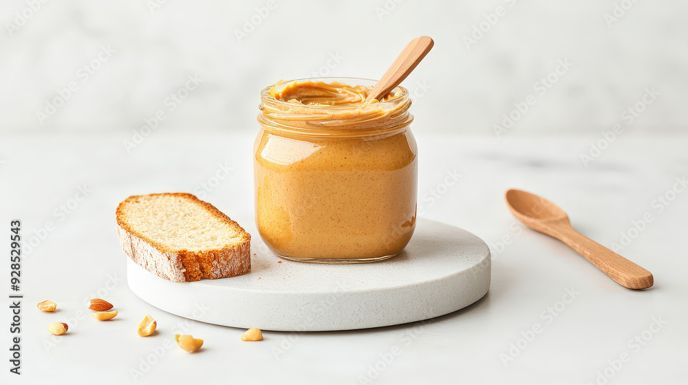 Organic nut butter, jar with spread on bread, 3D illustration Organic nut butter, jar with spread on bread, 3D illustration