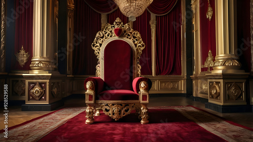 A red chair with a gold frame and red curtains with candles on it.