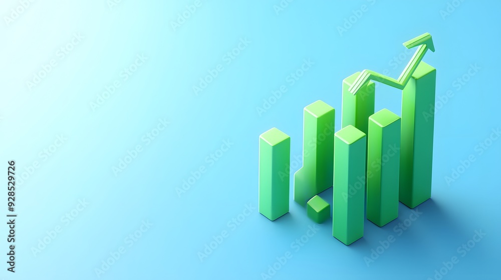 Green bar graph with rising arrow on blue background, symbolizing growth, progress, and success in business and finance. Green bar graph with rising arrow on blue background, symbolizing growth, progress, and success in business and finance.