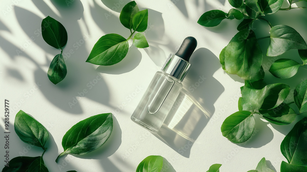 Clear glass dropper bottle over fresh green leaves on a white surface in natural light during the day Clear glass dropper bottle over fresh green leaves on a white surface in natural light during the day